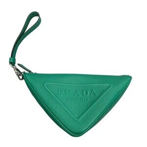 Prada Embossed Triangle Logo Saffiano Leather Clutch Bag Green